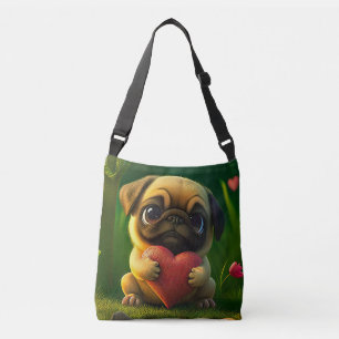 Sac Ajustable Chien Pug Chiot Coloré Mignon Tenant un Cœur