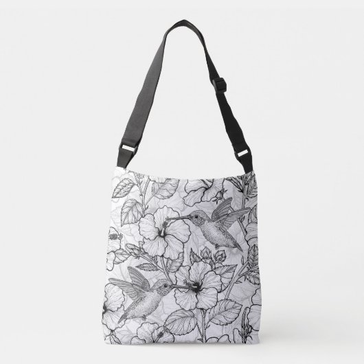 Sac Ajustable Colibris et fleurs d'hibiscus b&w (Devant)
