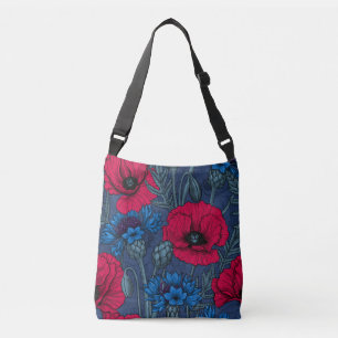 Sac Ajustable Coquelicots rouges et fleurs bleues sur bleu