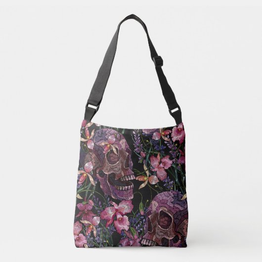 Sac Ajustable Crâne brodé : Motif gothique de l'orchidée (Devant)