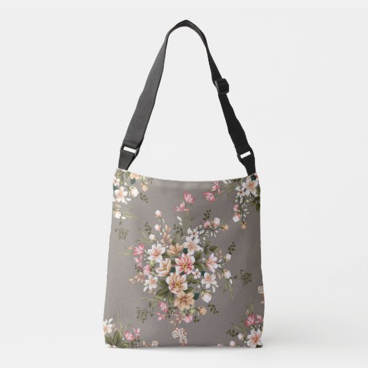 Sac Ajustable Crème, fleurs roses sur gris. (Devant)