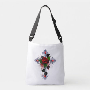 Sac Ajustable Croix d'argent avec une rose rouge