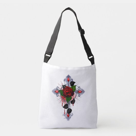 Sac Ajustable Croix d'argent avec une rose rouge (Devant)