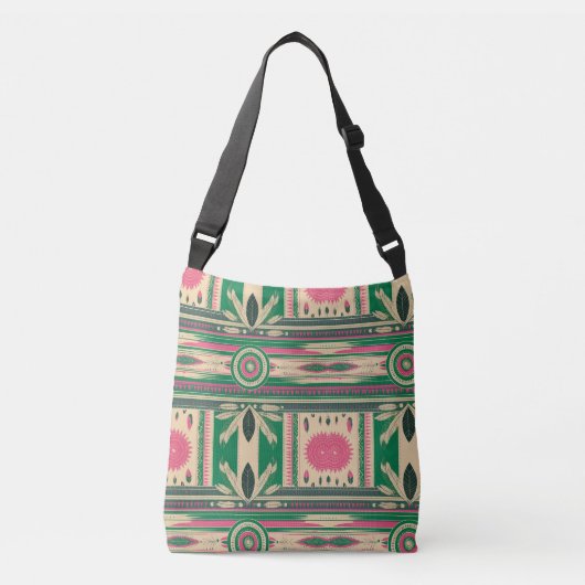 Sac Ajustable Cross Body in Green/Pink Native American Patterns (Devant)