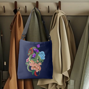 Sac Ajustable Dragon Chinois Vert Mystique Floral Bleu Marine