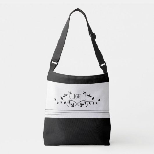 Sac Ajustable Feuilles de vigne florales noires Monogramme éléga (Devant)