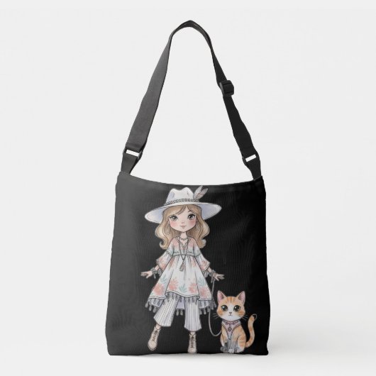 Sac Ajustable Fille à la mode se promenant avec son chat (Devant)