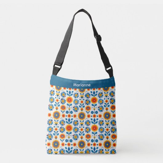 Sac Ajustable Fleurs d'art populaire bleu et or (Devant)