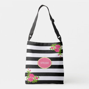 Sac Ajustable Fleurs de pivoine sur fond rayé noir et blanc
