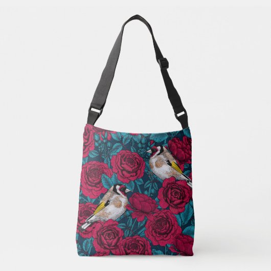 Sac Ajustable Fleurs de roses rouges et oiseaux d'or (Devant)