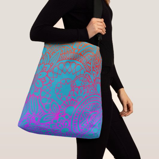 Sac Ajustable Fleurs orange violet et fond bleu (De près)