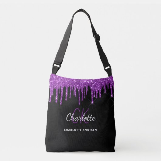 Sac Ajustable Initiales monogramme en paillettes violettes noire (Devant)