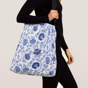 Sac Ajustable Jacobean Floral Grand Motif bleu sur blanc