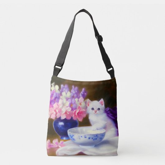 Sac Ajustable Kitten blanc vintage avec ruban violet (Devant)