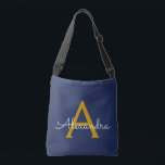 Sac Ajustable Marine Blue Gold Girl Script Monogramme Nom Modern<br><div class="desc">Gold and Navy Blue anniversaire,  baby shower ou cadeau de fête de bachelorette pour quelqu'un qui aime le luxe glam et les styles chic.</div>