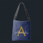 Sac Ajustable Marine Blue Gold Girl Script Monogramme Nom Modern<br><div class="desc">Gold and Navy Blue anniversaire,  baby shower ou cadeau de fête de bachelorette pour quelqu'un qui aime le luxe glam et les styles chic.</div>