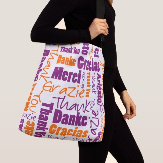 Sac Ajustable Merci multilingue violet et orange (De près)