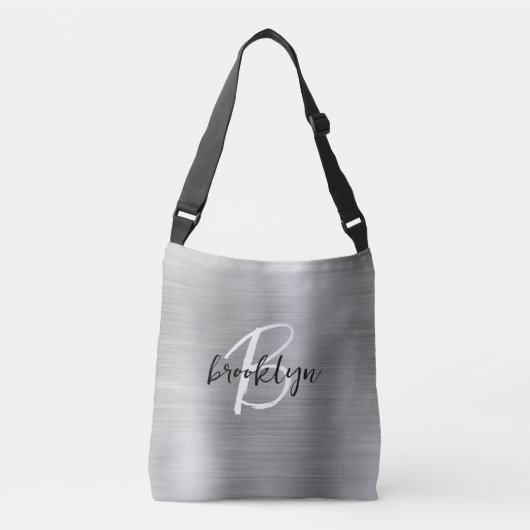 Sac Ajustable Métal brossé argenté Noir Blanc Script Monogramme (Devant)
