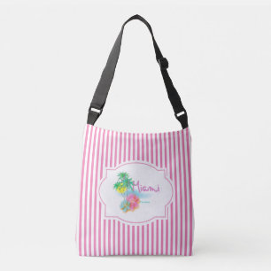 Sac Ajustable Miami, la Floride, paumes, fleurs, rayures roses