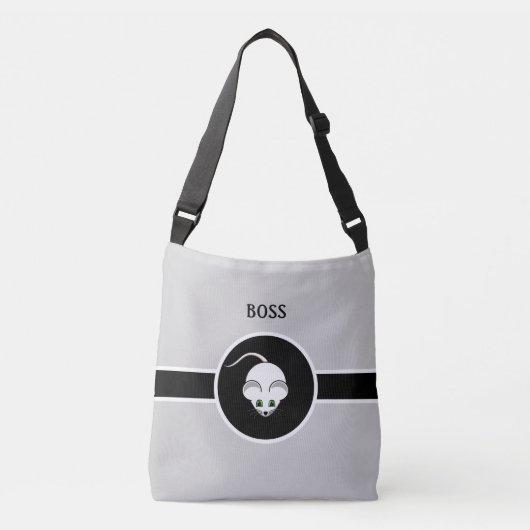 Sac Ajustable Mignonne souris blanche et calligraphie sur gris c (Devant)
