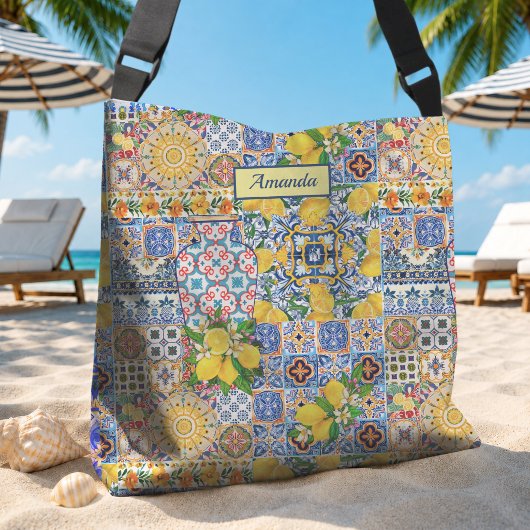 Sac Ajustable Monogramme de carreau floral orange méditerranéen