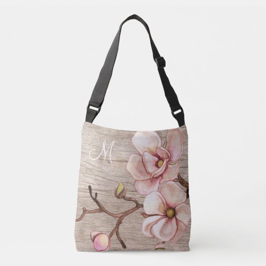 Sac Ajustable Monogramme en bois vieilli avec Magnolias rose (Devant)