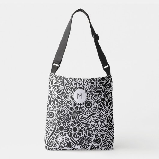 Sac Ajustable Monogramme Initial Floral Mandala Noir Blanc  (Devant)