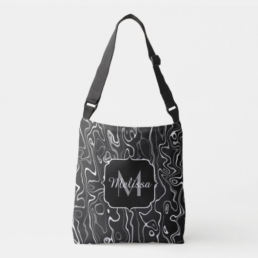 Sac Ajustable Noir blanc gris damas tourbillons abstraits Monogr (Devant)