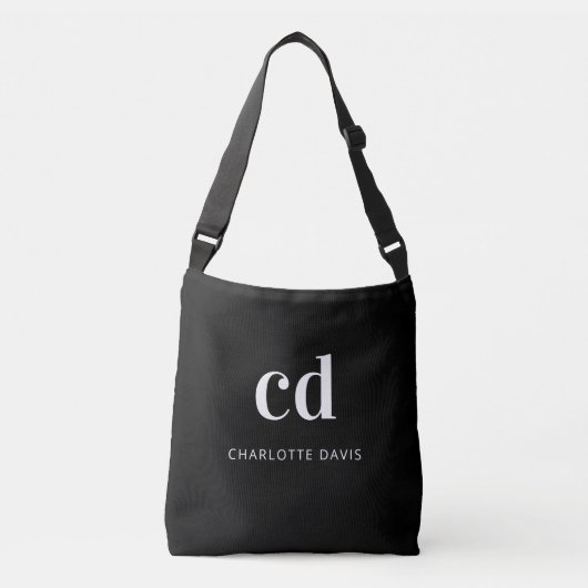 Sac Ajustable Noir blanc nom monogramme élégant moderne (Devant)