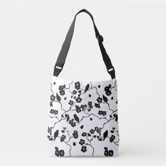 Sac Ajustable Oiseaux Motifs noirs et blancs sur les fleurs de c (Devant)