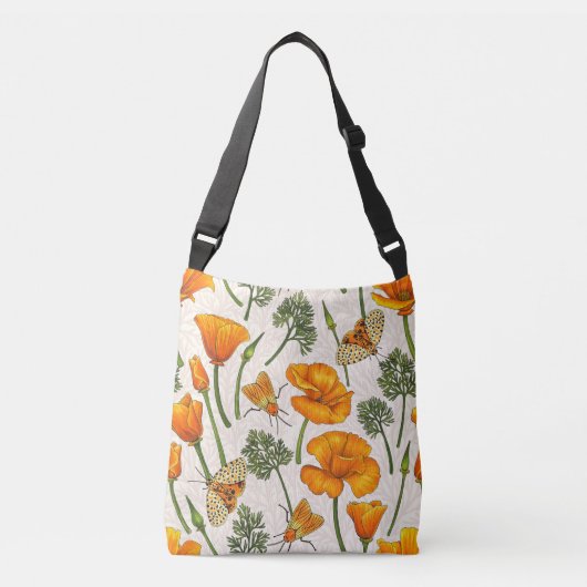 Sac Ajustable Pavot de Californie et papillons de nuit sur blanc (Devant)