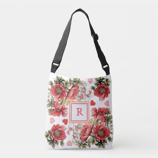 Sac Ajustable Poppies romantiques et Coeurs Monogramme personnal (Devant)