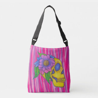 Sac Ajustable Skull Print Crossbody Bag Or Tote Pink and Yellow 