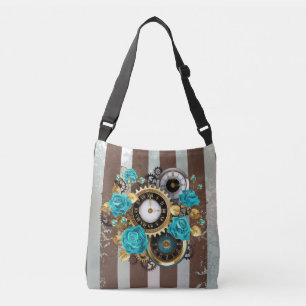 Sac Ajustable Steampunk Clock and Turquoise Roses on Striped