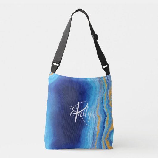 Sac Ajustable Turquoise et bleu Agate Marbre Nom Abstrait Monogr (Devant)
