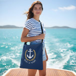 Sac Ajustable Votre nom de bateau Ancre Gold Style Laurel Blue<br><div class="desc">Un sac fourre-tout de carrosserie élégant avec votre nom personnalisé, nom de bateau ou autre texte souhaité. Dispose d'une ancre de bateau nautique conçue sur mesure avec des feuilles de laurier de style or et étoile sur bleu marine. Customisez facilement la couleur de base pour correspondre à votre décoration ou...</div>
