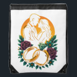 Sac Avec Cordons Élégant mariage couple Sac fourre-tout de ceinture<br><div class="desc">Célébrez l'amour dans le style avec ce magnifique sac Drawstring à thème mariage haute résolution avec une silhouette romantique de couple encadrée par des fleurs florales vibrantes, des anneaux dorés et une pierre de taille radiante. Conçu dans un style vectoriel audacieux et semi-réaliste, cette oeuvre d'art captivante s'affiche sur des...</div>