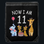 Sac Avec Cordons Now I, 11 ans old 11th Birthday at the Zoo<br><div class="desc">Joyeux anniversaire. Funny and lovely Kids Birthday design with a cute Elephant,  two ferrets and a girafe celebrating your birthday at the zoo.</div>