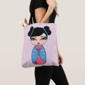 Sac bleu tote Kokeshi (De près)