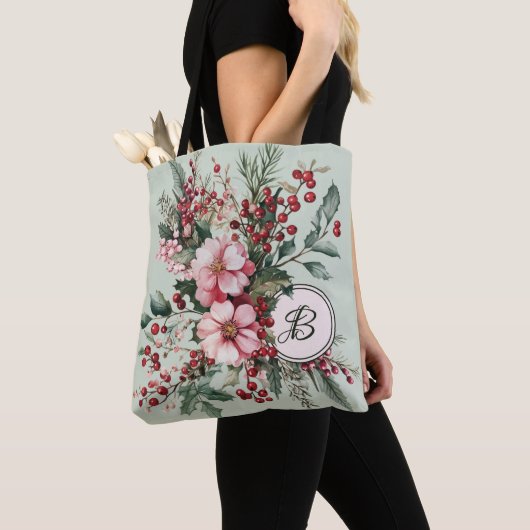 Sac cabaret monogrammé floral aquarelle Noël rose (De près)