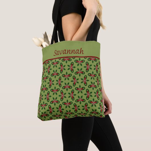 Sac cabas de Noël vert et rouge festif (De près)