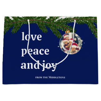 Sac Cadeau Amour Paix Joie Photo de Noël Bleu Marine Grand