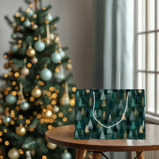 Sac Cadeau Arbres Vert et Or Fête Moderne
