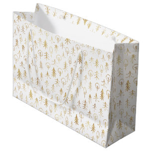 Sac cadeau blanc grande taille à motif doré hivern