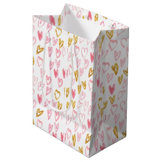 Sac cadeau Coeurs rose et or (Devant Angle)