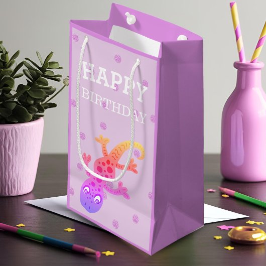 Sac Cadeau Cute Petit Arc-en-ciel Gecko Lizard sur rose