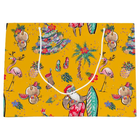 Sac cadeau de Noël Tropical Père Noël Surfing (Devant)