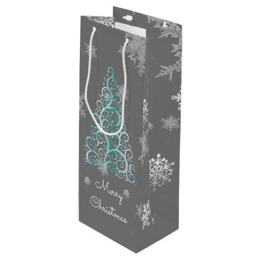 Sac cadeau de Noël turquoise Arbre et Snowflakes (Devant Angle)