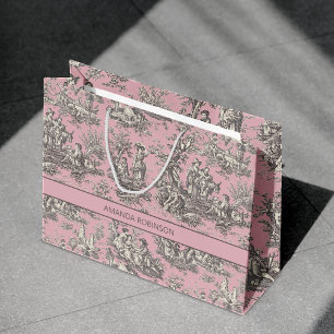 Sac Cadeau Élégant Grand Noir Rose Toile de Jouy