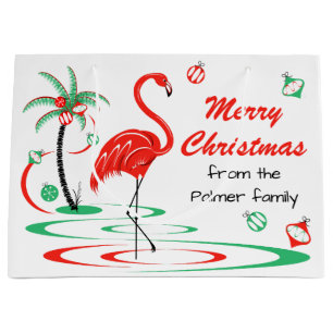 Sac Cadeau Flamant rose de Noël rouge Joyeux Noël Texte grand